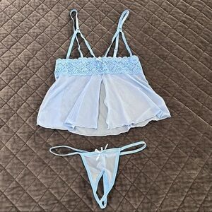 Women’s small lingerie cami set baby blue slit front open bust & gusset crotch